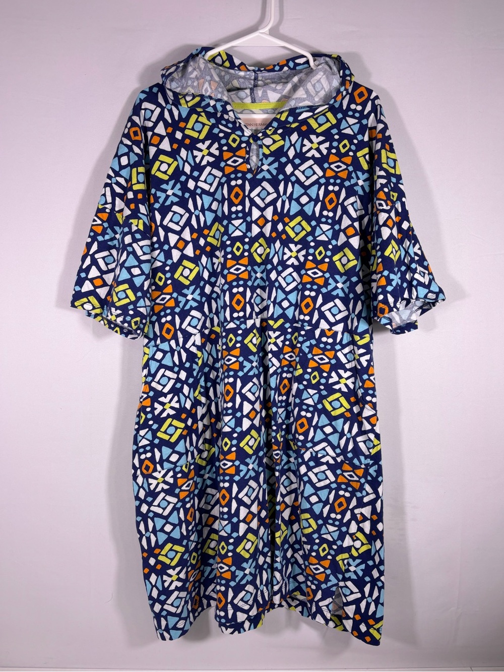 Stan Herman Geometric Hooded Tunic Dress Blue Cotton Pockets Size 1X